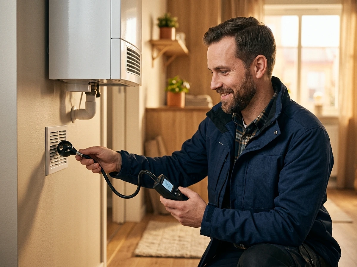 Tekniker undersöker värmesystem med mätinstrument i ett hem.