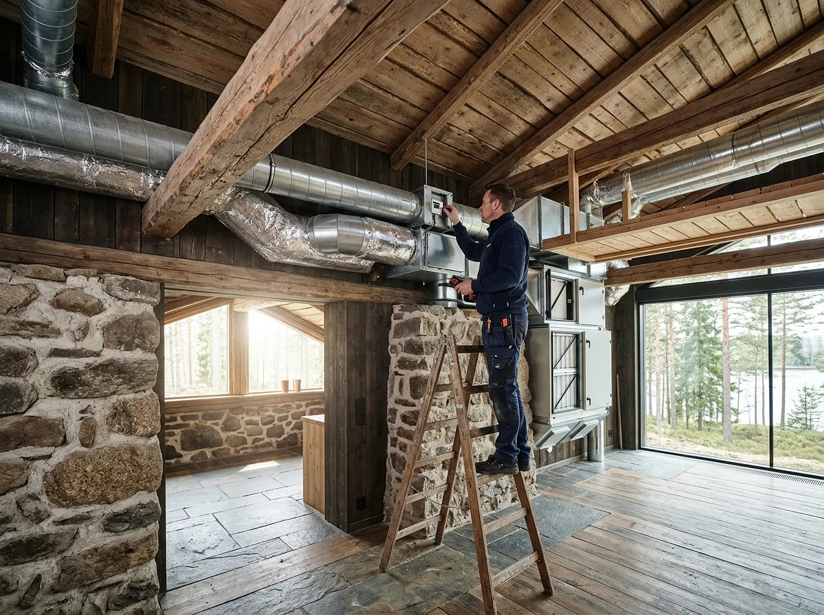 Hantverkare installerar ventilationssystem på stege i rustikt trähem med stenvägg.