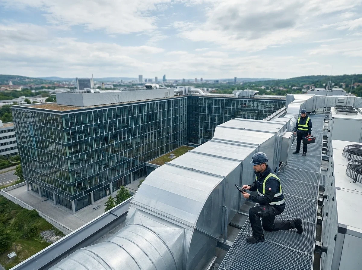 Tekniker inspekterar ventilationssystem på kontorsbyggnads tak med utsikt över stad.