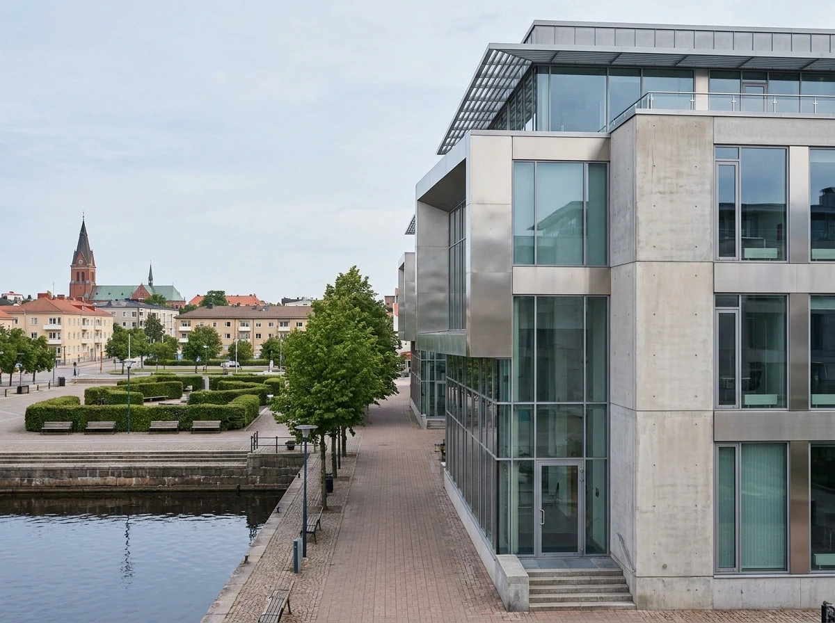 Modern kontorsbyggnad vid vattnet med historisk stadsbild i bakgrunden.